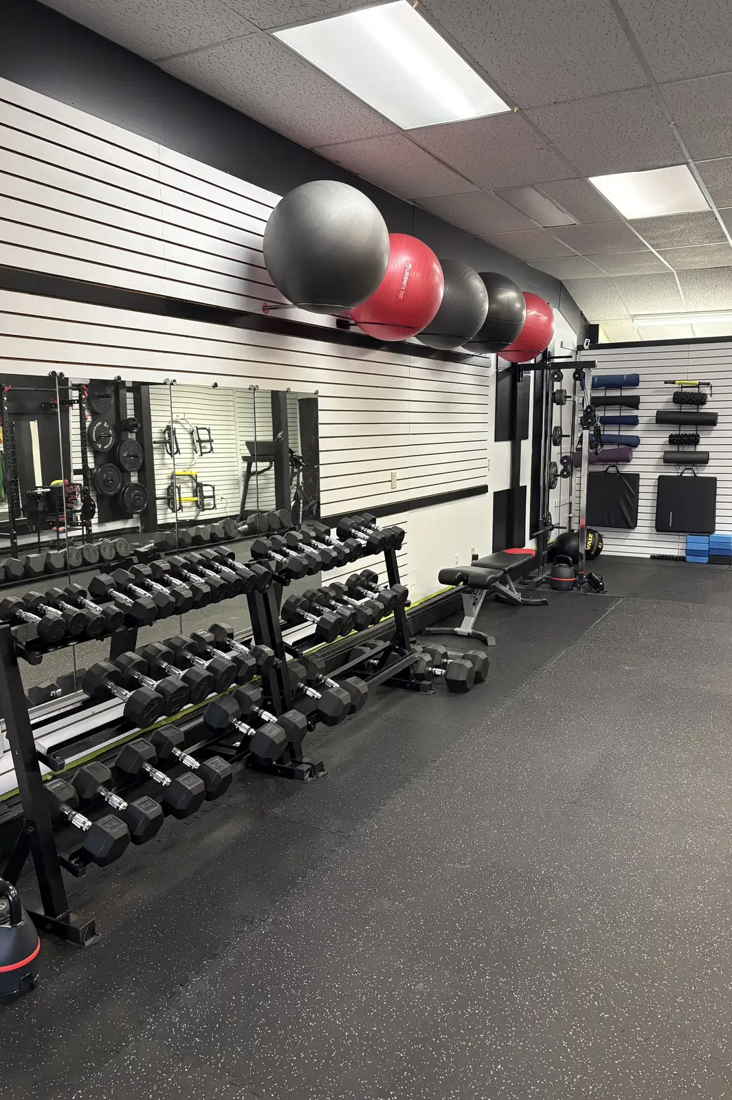 The dumbbell rack along the slat wall at MW Fitness and Coaching, with medicine balls above and mirrors behind
